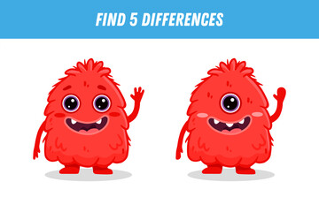 Find 5 differences between two pictures of funny red monster. Cute alien.