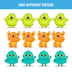 Find different monster each row. Logical game for kids. Cartoon monster. Flat illustration. 