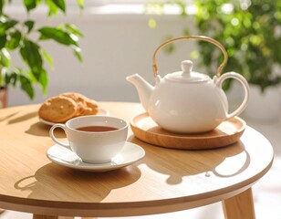 Fototapeta premium Tea-time setup with a teapot, teacup, biscuit plate, and soft shadows on a round wood 