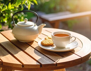 Tea-time setup with a teapot, teacup, biscuit plate, and soft shadows on a round wood 