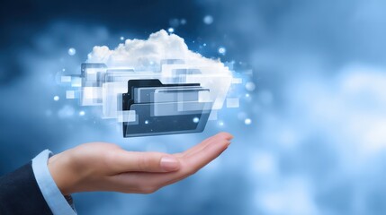 Hand Holding Cloud Storage Concept with Digital Files and Data Transfer in Blue Sky Background for Technology and Innovation Themes