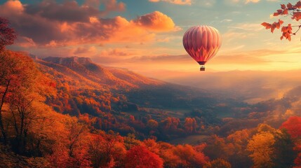 Obraz premium Autumnal landscape with hot air balloon at sunrise.