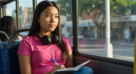 Latina teenager on school bus with headphones and notebook