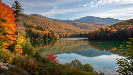 Scenic view of emerald lake surrounded by mountains during fall season