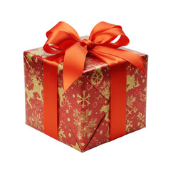Christmas gift box isolated on transparent background, PNG,  festive box, Xmas gift, holiday packaging, Christmas wrapping, red gift box, green ribbon