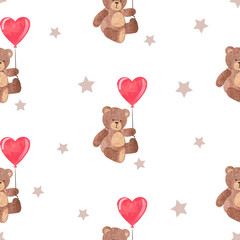 Seamless pattern with watercolor teddy bears and heart balloons. Birthday or Valentines day print