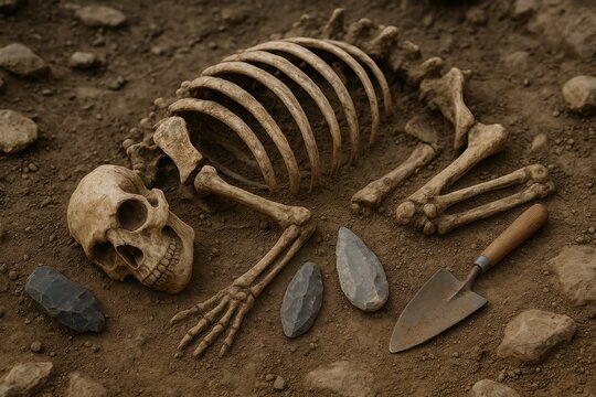 Animal skeleton with stone tools at Paleolithic dig site, AI-generated