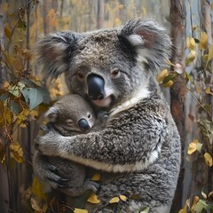Fototapeta premium Koala mother cradling joey