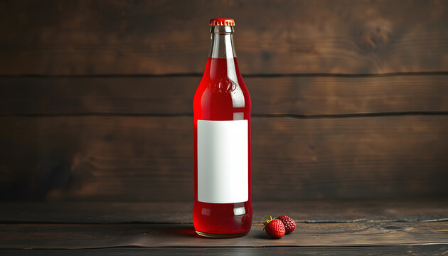 Red soda pop bottle with blank label on dark wooden background, template mockup no brand advertising, fresh berry drink, one line art. White tone