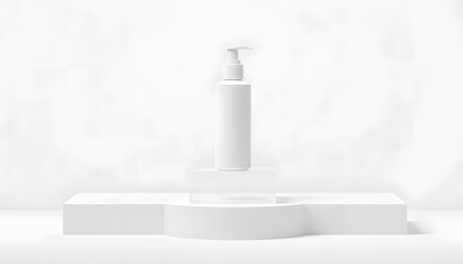 white cream cosmetic bottle on acrylic geometric pedestal podium block, pixel art. White tone