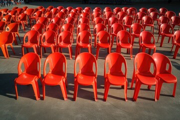 Rows of bright red plastic chairs outdoors