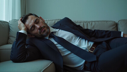 Man asleep on couch in business suit during Thanksgiving holiday  