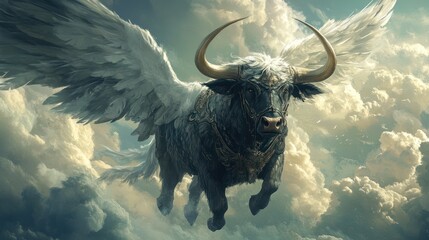 Mythical winged bull soaring through clouds