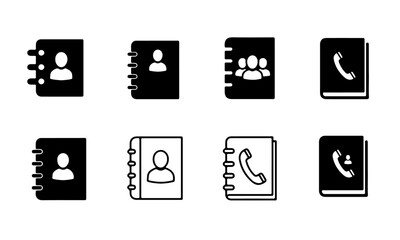 A collection of eight icons in both solid black and outline styles representing contact books, address books, and phone directories, featuring single and multiple user icons, and phone symbols.