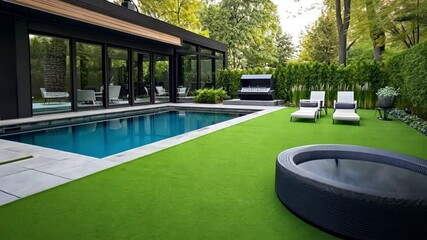 Modern Backyard Oasis: Luxury Pool, Artificial Turf, and Stylish Loungers