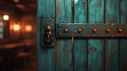 Fototapeta premium A weathered, teal-painted wooden door opens to a dimly lit interior