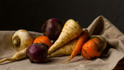 Rustic still life of fresh raw root vegetables including orange carrots, purple beets, white parsnips, and turnips, arranged on a beige linen cloth under dramatic studio light against a dark backgroun