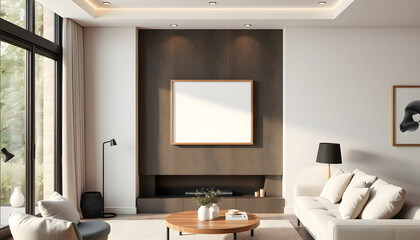 Mock up poster frame on wall in modern interior background, living room. Warm and Cozy style. 3D rendering, Backlit. White tone