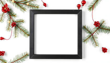 Empty white frame mock up. Black wooden frame mockup with christmas decorations on a white background, photo. White tone