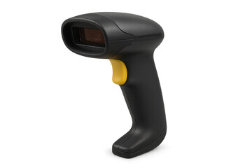 Yellow-handled barcode scanner positioned vertically, scanning product labels for retail inventory tracking and warehouse management systems