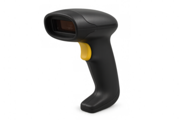 Yellow-handled barcode scanner positioned vertically, scanning product labels for retail inventory tracking and warehouse management systems