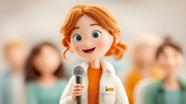 Cartoon Girl Speaking into Microphone Public Speaking Presentation 3D Render Illustration - Powered by Adobe