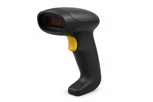 Yellow-handled barcode scanner positioned vertically, scanning product labels for retail inventory tracking and warehouse management systems