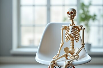 Anatomical skeleton sitting on a chair in a bright room  