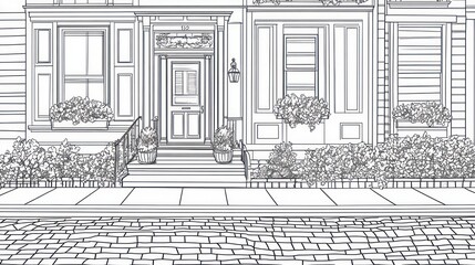 Charming Townhouse Entrance, Cobblestone Street, Floral Decor, Urban Scene, Architectural Design