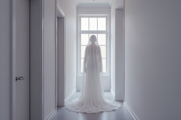 Bride standing by window in hallway with soft natural light  