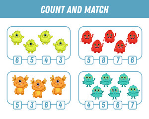 Education game for children count and match of cute cartoon monsters, printable worksheet. Funny monster. Vector illustration
