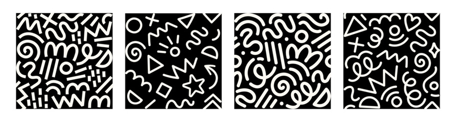 Set of trendy Memphis geometric patterns. Modern basic shapes: star, arrow, triangle, circle, heart, zigzag, spiral, wavy lines. Cool abstract background, retro 80s, 90s style. Cute kid doodle design.