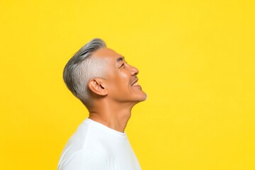 Idea of style for aging men. A happy man in a studio photo. Modish men's slicked back haircut - midlife asian man with short hair. A midlife man posing for a portrait. Yellow solid backgroun.