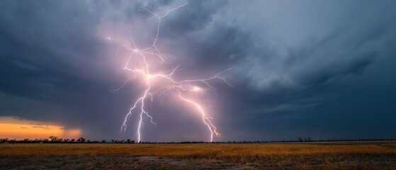 A breathtaking display of nature's power: a dramatic lightning strike illuminates the twilight sky above a golden field.