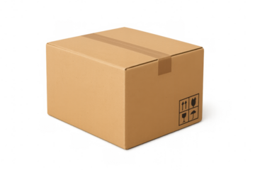 Sealed cardboard box with packaging symbols resting on a transparent background, ideal for shipping and delivery concepts