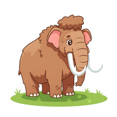 Fototapeta premium Adorable Cartoon Woolly Mammoth Illustration Perfect for Children's Books Websites Educational Materials and Cute Animal Designs featuring a friendly prehistoric creature on a green patch