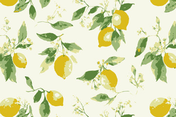 Seamless Watercolor Lemon Pattern with Leaves and Flowers � Mediterranean Summer Vector Design for Wallpaper and Textile