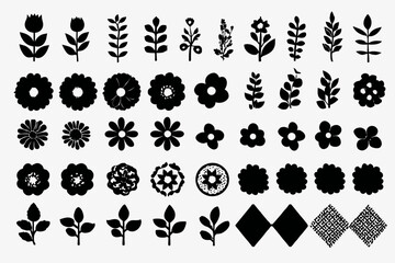 Black Flower Vector Set Abstract Floral Silhouettes Geometric Patterns Minimalist Botanical Elements for Decoration Logos Design Projects