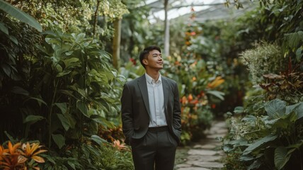 Portrait of a Man in a Gray Suit Standing in a Lush Green Garden