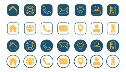 Versatile Contact Icons Set Website App Design Elements featuring Home Globe Phone Email Location Person Building symbols in various shapes and colors
