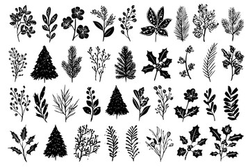Christmas Tree Vector Illustration Hand Drawn Floral Holly Berry Winter Leaves Ink Brush Sketch