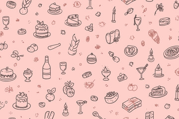 Minimalist Line Art Dinner Party Seamless Pattern with Food, Drinks, and Decor Doodles