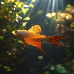Orange fish in aquarium. Sunlight beams through the water
