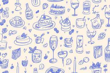 Minimalist Line Art Seamless Pattern with Food, Candles, Drinks, and Decor Doodles for Dinner Party Background