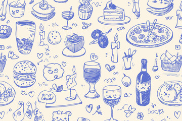 Minimalist Line Art Seamless Pattern with Food, Candles, Drinks, and Decor Doodles for Dinner Party Background
