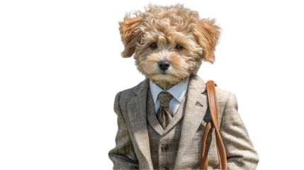 A fluffy dog in a suit and tie holding a briefcase business pet concept