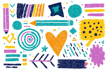 Crayon Pencil Vector Set Colorful Brush Texture Doodle Chalk Hand Drawn Scribble Kids Abstract Background Arrows Circles Hearts