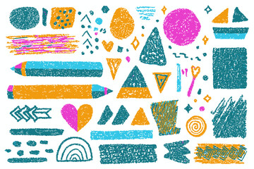 Crayon Pencil Vector Set Colorful Brush Texture Doodle Chalk Hand Drawn Scribble Kids Abstract Background Arrows Circles Hearts