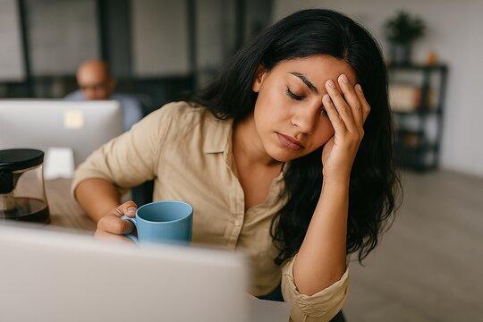 Stressed and Overworked: A young woman holds a mug of coffee, her hand resting on her forehead as she looks stressed and weary.