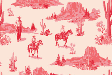 Seamless Rodeo Cowboys Vector Pattern with Desert Cacti Landscape � Wild West Surface Design for Fabric and Prints